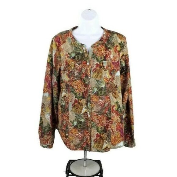 Orvis Multicolor Floral Like Print Long Sleeve Button Front Shirt Womens Size 16 - Picture 1 of 13